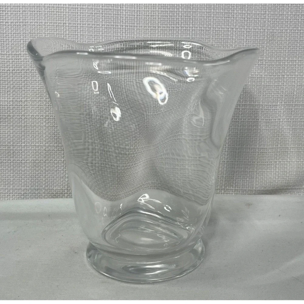 Orrefors Sweden Crystal Ruffled Vase Etched Bird Signed Art Glass 2400 Clear